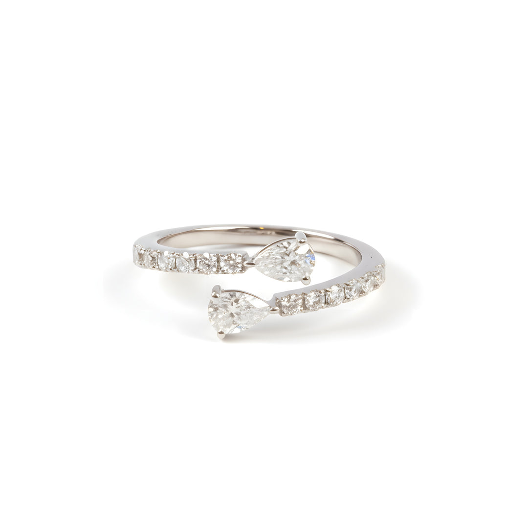 Perfect Pear ring set with two pear and brilliant cut diamonds, mounted in platinum