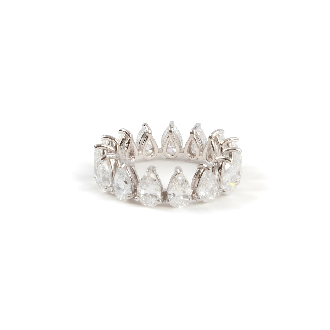 Perfect Pear full hoop eternity ring. Set with pear shaped diamonds. Mounted in platinum.