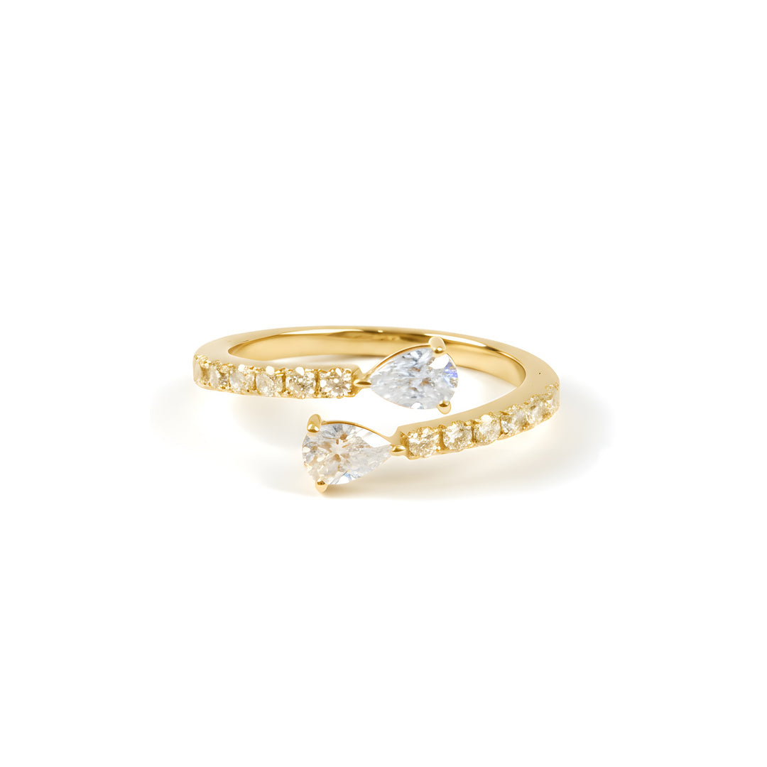 Perfect Pear ring set with two pear and brilliant cut diamonds, mounted in 18ct Yellow Gold