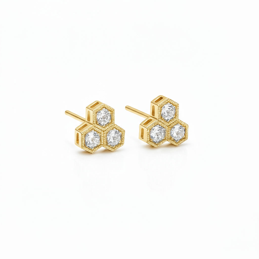 BeeMine 18ct Yellow Gold Triple Diamond Earrings