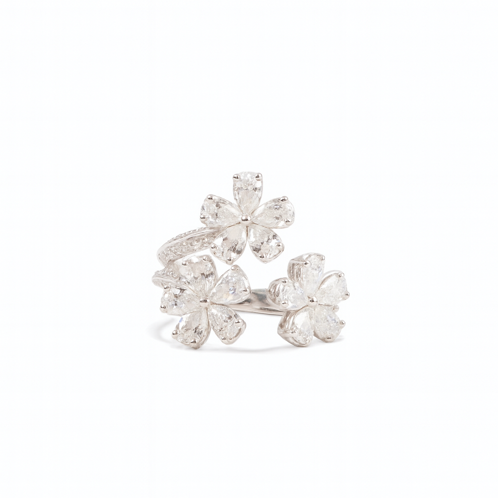 Bloom Triple Floral Motif Platinum Diamond Ring