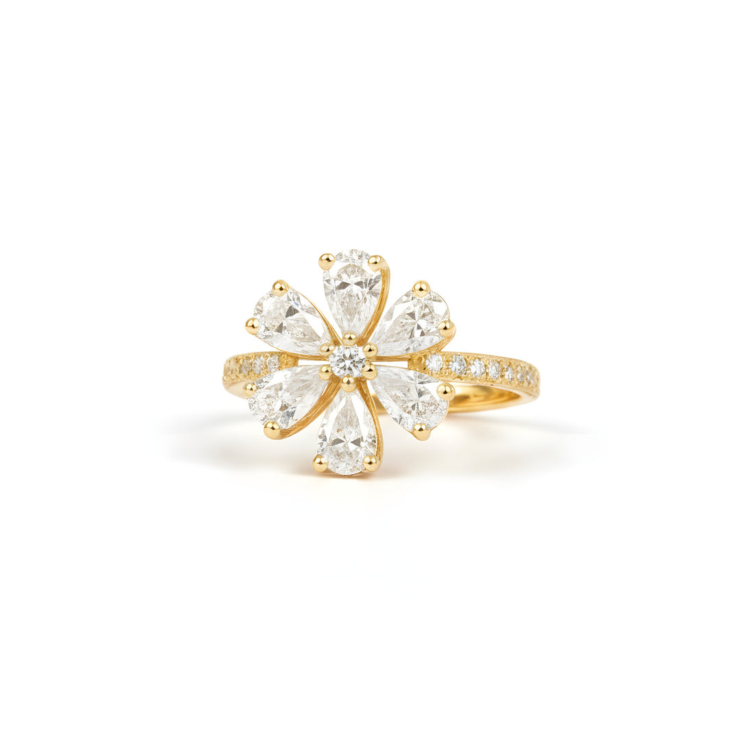 Bloom Floral Single Motif 18ct Yellow Gold Pear Cut Ring
