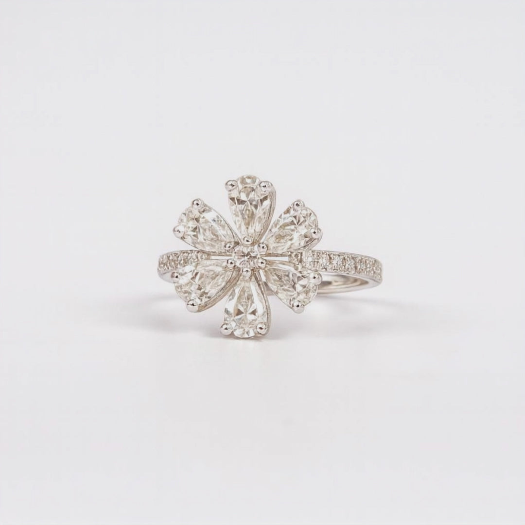 Bloom Floral Single Motif Platinum Pear Cut Ring