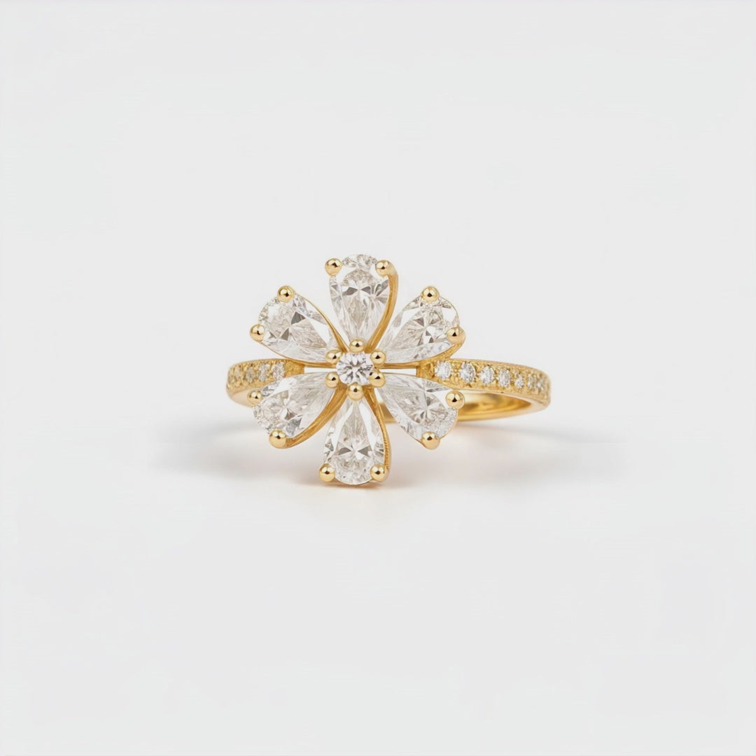 Bloom Floral Single Motif 18ct Yellow Gold Pear Cut Ring